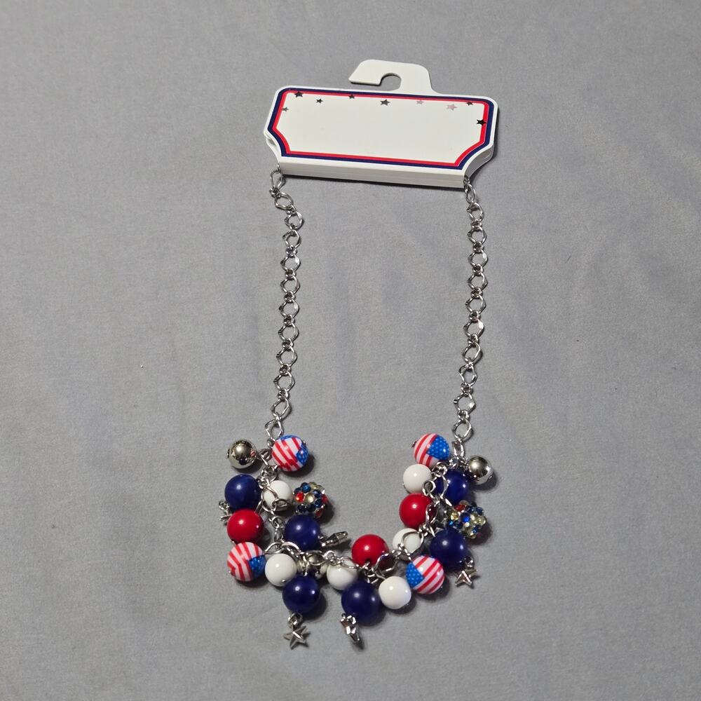 Patriotic Red White & Blue Americana Beaded Charm Necklace